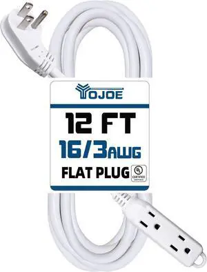 YOJOE 3-Outlets Flat Plug Indoor Extension Cord Outlet Extender, 3 Prong 12 ft 13A Power Strip, 16 Gauge Heavy Duty White Extension Cord, 16/3 SJTW, UL Listed