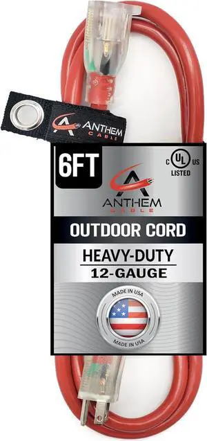 6 ft - 12 Gauge Extension Cord Outdoor - Made in USA - Lighted on Both Ends - Red Outdoor Extension_Cord Waterproof by Anthem Cable - Heavy Duty ExtensionCord 6 ft 15 Amp Extension