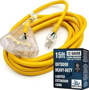 15 ft Heavy Duty Extension Cord - 12 Gauge Outdoor Extension_Cord - Lighted Mulitiple Outlets by Watt's Wire - 15' 12-Gauge Grounded 15 Amp Cord - extensiones electricas