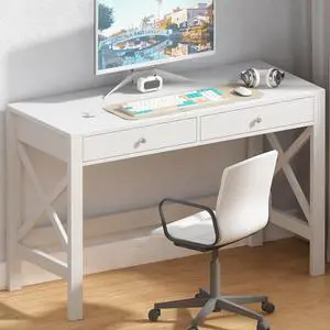 ChooChoo Computer Desk Study for Home Office, Modern Simple 40 Inches White Desk with Drawers, Makeup Vanity Console Table