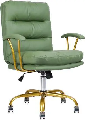 Leather Home Office Desk Chair, Mid-Back Vanity Chair Make Up Chair with Gold Wheels & Removable Armrests, Rolling Swivel Computer Task Chair for Office Bedroom Living Room Girls Women, Green