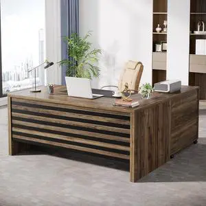 Tribesigns 62.2" Executive Desk with Mobile File Cabinet, L-Shaped Office Desk with Storage Shelves, Large Computer Desk Business Workstation Set for Home Office, Light Brown