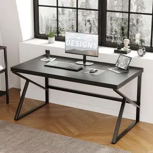 HSH Black Desk, Modern Industrial Home Office Computer Desk, Laptop PC Desk for Student Work Writing Study Gaming, Simple Metal and Wooden Computer Table in Bedroom Living Room Workstation, 55 Inch