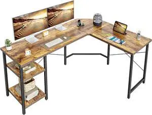 CubiCubi L Shaped Desk, 59.1 Inch Reversible Corner Desk with Storage Shelves, Home Office Desk for Writing Gaming Study, Rustic Brown