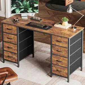 Huuger 47 Inch Computer Desk with 8 Fabric Drawers, Office Desk Work Desk for Home Office, Study, Gaming Desk with Drawers, Large Storage, Rustic Brown