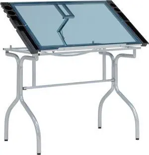 Studio Designs Folding Modern Glass Top Adjustable Drafting Table Craft Table Drawing Desk Hobby Table Writing Desk Studio Desk, 35.25" W x 23.75" D, Silver/Blue Glass
