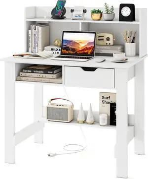 Tangkula White Desk with Hutch & Drawer, Modern Computer Desk with Charging Station USB & Type C Port, Cable Hole, Home Office Desk with Storage Shelves for Study Room Bedroom