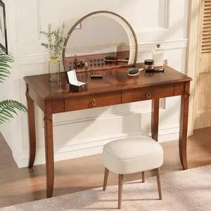 Traditional Home Office Desk with 2 Storage Drawers, Solid Wood Computer Desk with Elegant Carved Legs,Vanity Desk, Writing Desk, Corner Table for Living Room, Easy Assembly Cherry Brown BSZ-DR200