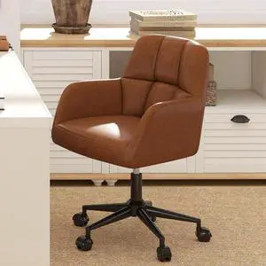Modern PU Leather Office Chair, Height Adjustable Comfy Desk Chair with Wheels, 18.3 Wide Swivel Armchair for Living Room Home Office Computer, Brown