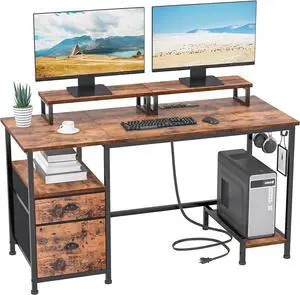 Furologee 47" Computer Desk with File Cabinet and Power Outlets, Home Office Desk with 2 Monitor Stands and Storage Drawer, Writing Gaming Table with Shelves and 2 Hooks for Bedroom, Rustic Brown