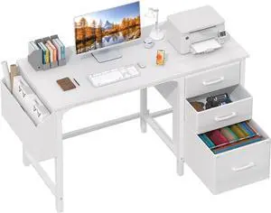 Lufeiya White Desk with Fabric File Drawers Cabinet, 47 Inch Reversible Computer Desk with Filing Cabinet for Bedroom Small Space Home Office, Modern Writing Table PC Desks, White