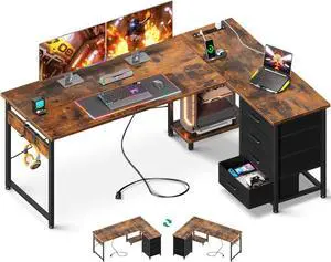 AODK L Shaped Desk with 4 Tier Drawers, 61" Reversible Gaming Desk with Power Outlets, L Shaped Computer Table with USB Charging Port and Host Stand, Home Office Table, Easy to Assemble, Vintage