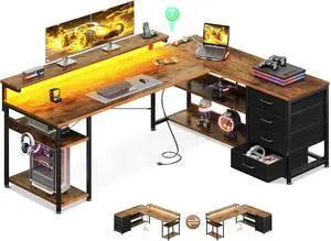 AODK 61" L Shaped Desk with Drawer, Computer Desk with Power Outlets & LED Lights, Reversible Corner Gaming Desks for Home Office Workstation, Office Table with Monitor Shelf, Vintage