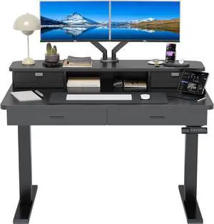 HUANUO 48 x 30 inch Electric Standing Desk with Wood Drawers, Adjustable Height Sit Stand Home Office Desk with Two Tiers, Ergonomic Adjustable Stand up Desk C-Clamp Monitor Mount Compatible, Black