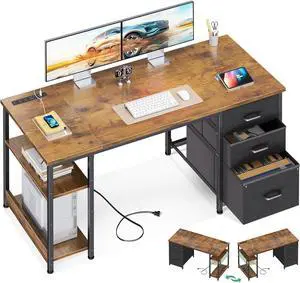 AODK 51 Inch Computer Desk with Fabric Drawers & USB Power Outlets, Reversible Home Office Desk with Storage Shelves, Work from Home, Modern Work/Writing/Study Table for Bedroom, Vintage