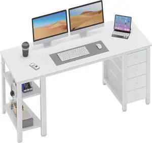 Lufeiya White Computer Desk with Fabric Drawers & Storage Shelves, 55 Inch Study Work Writing Desk for Home Office Bedroom, Simple Modern Cute PC Desks Table, White