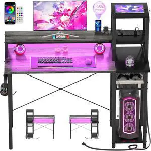 Armocity 2024 Upgrade Gaming Desk with LED Lights, Computer Desk with Long Monitor Stand, 40'' Reversible Laptop Table with Storage Shelves, Small Desk for Small Spaces, Gaming Room, Grey