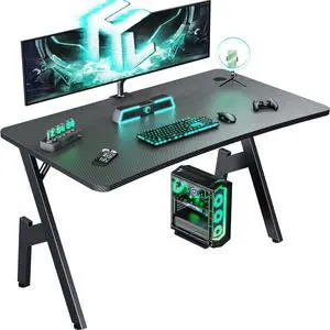 HLDIRECT 40 Inch Gaming Desk, Small Computer Gaming Desk Table with Cable Management, Ergonomic A Shape Modern Carbon Fiber Gamer Table Pc Workstation Home Office Desks for Small Space, Black