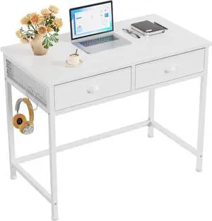 Furologee White Small Computer Desk with 2 Fabric Drawers for Bedroom,34 Inch Simple Home Office Writing Desk, Vanity Desk with Hooks, Study Table for Adults Student Small Spaces