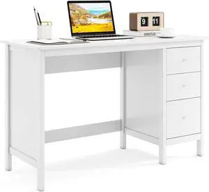 Tangkula White Desk with Drawers, Modern Home Office Computer Desk with Storage Drawers & Spacious Desktop, Compact Writing Study Desk Laptop Desk for Bedroom, Multipurpose Workstation