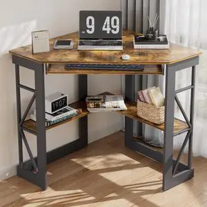 VECELO Corner Desk Computer Desk Writing Table with Smooth Keyboard Tray & Storage Shelves,Compact Home Office Triangle Table,Antique Brown
