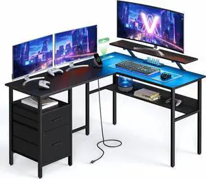 VASAGLE L-Shaped Desk with Power Outlets, Computer Desk with Monitor Stand, Corner Desk, Gaming Desk with LED Lights, 2 Drawers, Easy to Assemble, for Home Office, Ebony Black ULWD095B56