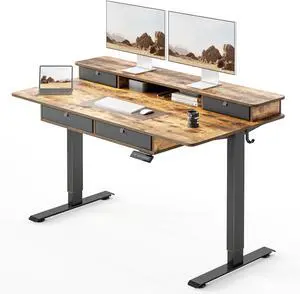 FEZIBO 55 x 30 inch Electric Standing Desk Adjustable Height with 4 Drawers, Sit Stand Desk, Home Office Stand Up Table with 4 Height-Adjustable Feets & 2 Hooks,Rustic Brown Top, 55 inch