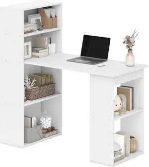 HOMCOM Modern Home Office Desk with 6-Tier Storage Shelves, 47" Writing Desk with Bookshelf, White