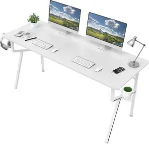 EUREKA ERGONOMIC White Computer Desk, 63 x 24 Inch K Shaped Long Gaming Desk for Home Office Work Study Writing Table with Cable Management, Cup Holder, Headphone Hook, Mouse Pad, Easy to Assemble