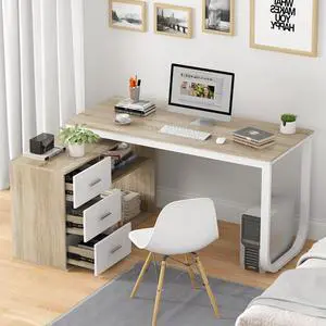 FUFU&GAGA 55.1" Large L-Shaped Office Desk with 41.3" File Cabinet, Corner Computer Desk with 3 Drawers & 2 Shelves, Workstation Executive Desk with Storage Shelf for Home Office - Beige
