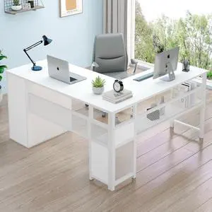 LVB White L Shaped Corner Desk with Drawers, Reversible Modern L-Shaped Computer Desk with Storage Cabinet Shelves, Large Wood Metal L Shape Home Office Desk for Work Study Writing Gaming, 59 Inch