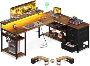 AODK 53" L Shaped Desk with Drawer, Computer Desk with Power Outlets & LED Lights, Reversible Corner Gaming Desk for Home Office Workstation, Office Desk with Monitor Shelf, Vintage