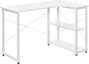 HOMCOM Industrial L-Shaped Computer Desk with 2 Side Shelves and Steel Frame, Corner Desk, Study Workstation for Home Office, White