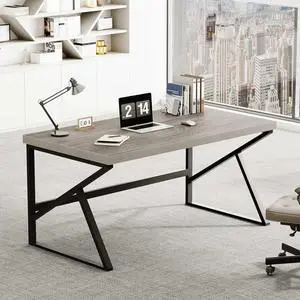 HSH Gray Computer Desk, Industrial Wood and Metal Home Office Desk, Farmhouse Rustic PC Laptop Desk for Executive Work Writing Study Gaming, Modern Simple Bedroom Computer Table, Light Grey Oak, 55 In