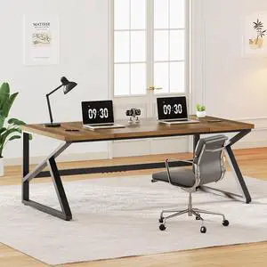IBF Large Computer Desk, Rustic 70 Inch Long Home Office Metal Wood Desk, Industrial Big 2 Person Table for Executive Writing Study Gaming Workstation, Farmhouse Bedroom PC Laptop Double Desk