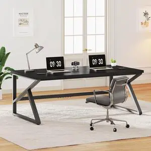 IBF Long Black Computer Desk, Large Executive Office Desk for 2 People Work Writing Study, 70 Inch Industrial Metal Wood Dual Monitor Desk Workstation, Modern Simple Double PC Gaming Table in Bedroom
