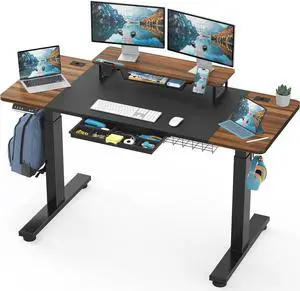 SHW 62-Inch Electric Height Adjustable Standing Desk with Monitor Riser and Drawer, Walnut