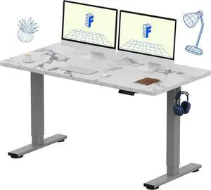 FLEXISPOT EN1 One-Piece Standing Desk 55 x 28 Inches Height Adjustable Electric Desk (Silver Frame + Marble Grey Top, 2 Packages)