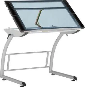 SD Studio Designs Triflex Drawing Table, Sit to Stand Up Adjustable Office Home Computer Desk, 35.25" W X 23.5" D, Silver/Blue Glass