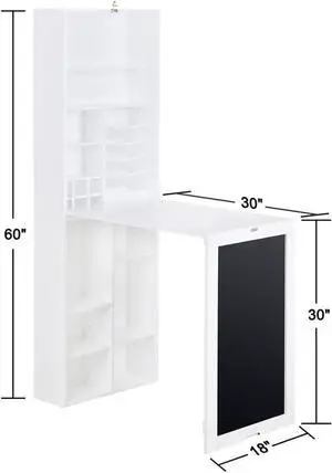Utopia Alley Collapsible Fold Down Desk Table | Chalkboard Wall with Storage Cabinet & Bottom Shelves, Multipurpose Foldable Desk for Home, Office, Crafting, and More (White)