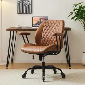 YFO Home Office Desk Chair Office Rubber Casters Ergonomic Computer Chair with Lumbar Support Adjustable Height Rolling Swivel Executive Task Armrests Chair Brown Leather