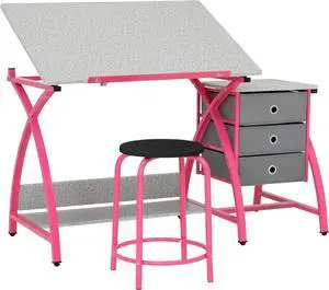 SD STUDIO DESIGNS 2 Piece Comet Center Plus, Craft Table and Matching Stool Set with Storage and Adjustable Top, Pink/Spatter Gray