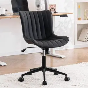 YOUNIKE Black Compact Home Office Desk Chair with Wheels Comfy Armless Cute Vanity Chair with Adjustable Rocking Back Modern Leather Upholstered Rolling Swivel Small Task Drafting Sewing Chair