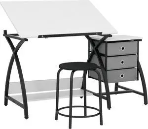 SD STUDIO DESIGNS 2 Piece Comet Center Plus, Craft Table and Matching Stool Set with Storage and Adjustable Top, Black/White, 50x23.75x29.5 inches
