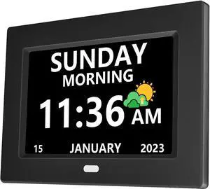 7 Inch Digital Clock with Day and Date for Elderly Alzheimer's Clock Customizable Alarms 3 Display Modes Large Font Alarm Clock for Seniors Auto DST Black