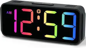 Peakeep Small Tiny Digital Alarm Clock Plug in for Kids Bedroom Bedside Nightstand, RGB Colorful Changing Large Display for Travel, Dimmable 6 Brightness, Corded Electric Battery Backup (Black - RGB)