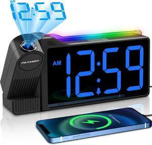 Peakeep Projection Alarm Clock for Bedroom Ceiling 180° Rotatable, Loud for Heavy Sleepers, Colorful Nightlight, 5 Brightness Dimmable Large Number Bedside Electric LED Digital Clock with USB Port