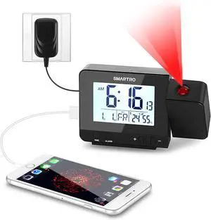 SMARTRO Digital Projection Alarm Clock for Bedrooms with Indoor Thermometer Hygrometer, USB Charger, Bedside Projector, Travel, AC and Battery Operated