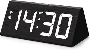 Wooden Digital Alarm Clock with Dual USB Charging Ports, DST, Dimmable, Snooze, Modern Large Time Display LED Clock for Kids Bedrooms, Living Room, Desk, Table, Bedside, Nightstand (Black)