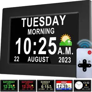 [New Version] 7 Inch Day Clock - 19 Alarms,20 Custom Reminder, Remote Control, Level 10 Auto Dimmable Display Calendar Clock, Non-Abbreviated Day Date Alarm Clock for Impaired Vision Dementia Seniors